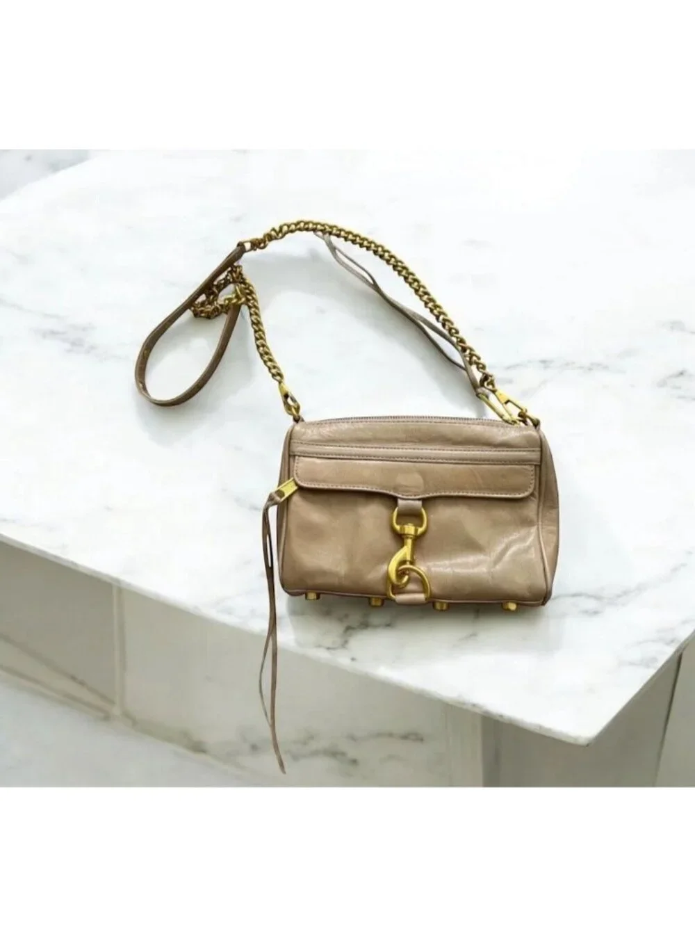 REBECCA MINKOFF Tan Gold Leather MAC Crossbody Bag